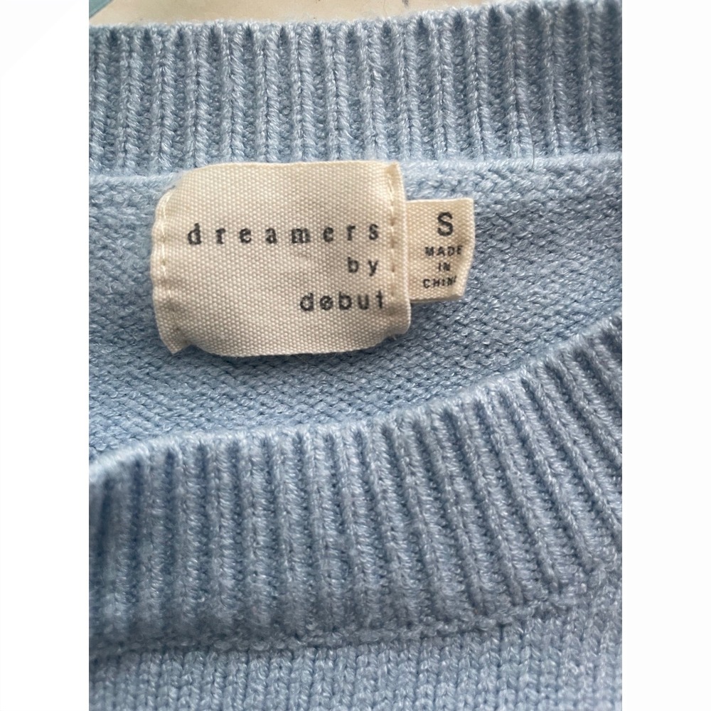 Dreamers by Debut Pastel Chenille  Star Knit Sweater Light Blue Crewneck Small - Picture 3 of 4